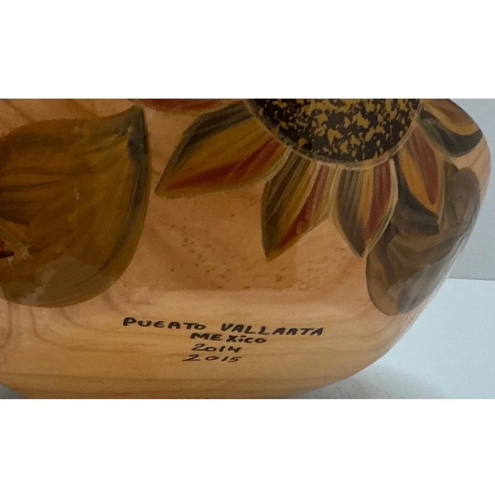 Vintage Sunflower Decorative Bowl Hand Painted Floral Glossy Black 11 Inch